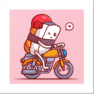 Cute Sushi Riding Motorbike Cartoon Posters and Art